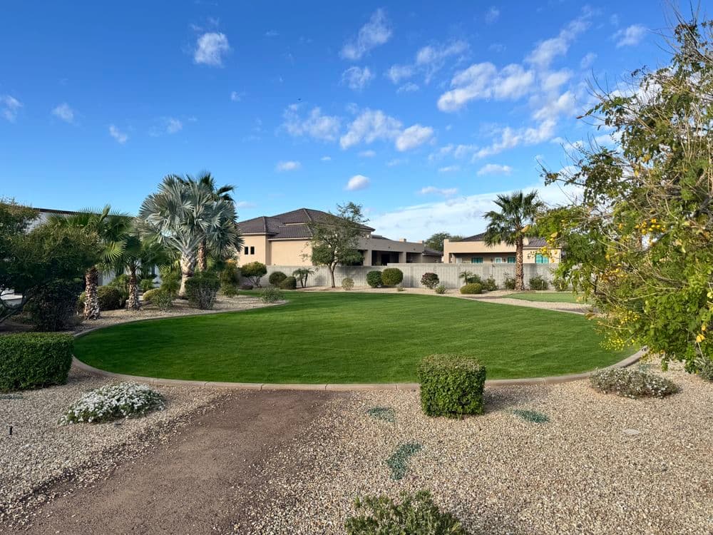 Well-manicured circular lawn surrounded by shrubs and palm trees under a blue sky.